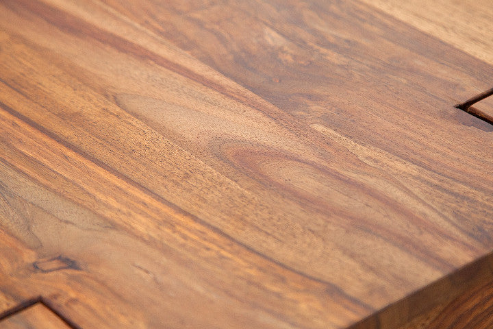 Massif table basse CUBUS 105cm en bois de sheesham brun finition pierre avec espace de rangement