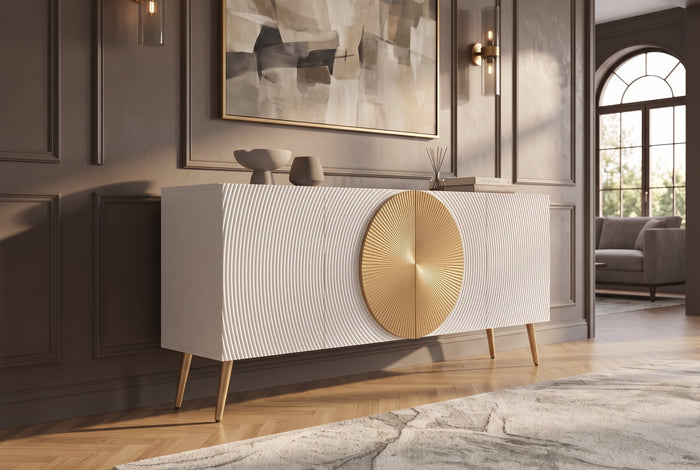 Sideboard massif AURUM 180cm blanc bois de mangue avec élément doré emblématique