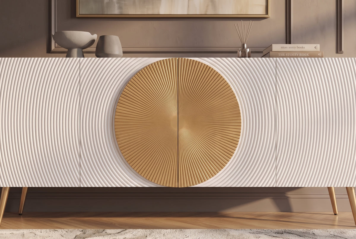 Sideboard massif AURUM 180cm blanc bois de mangue avec élément doré emblématique