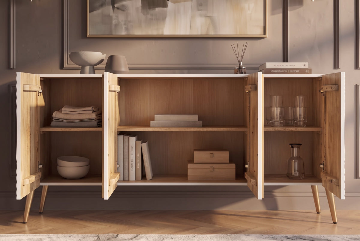 Sideboard massif AURUM 180cm blanc bois de mangue avec élément doré emblématique