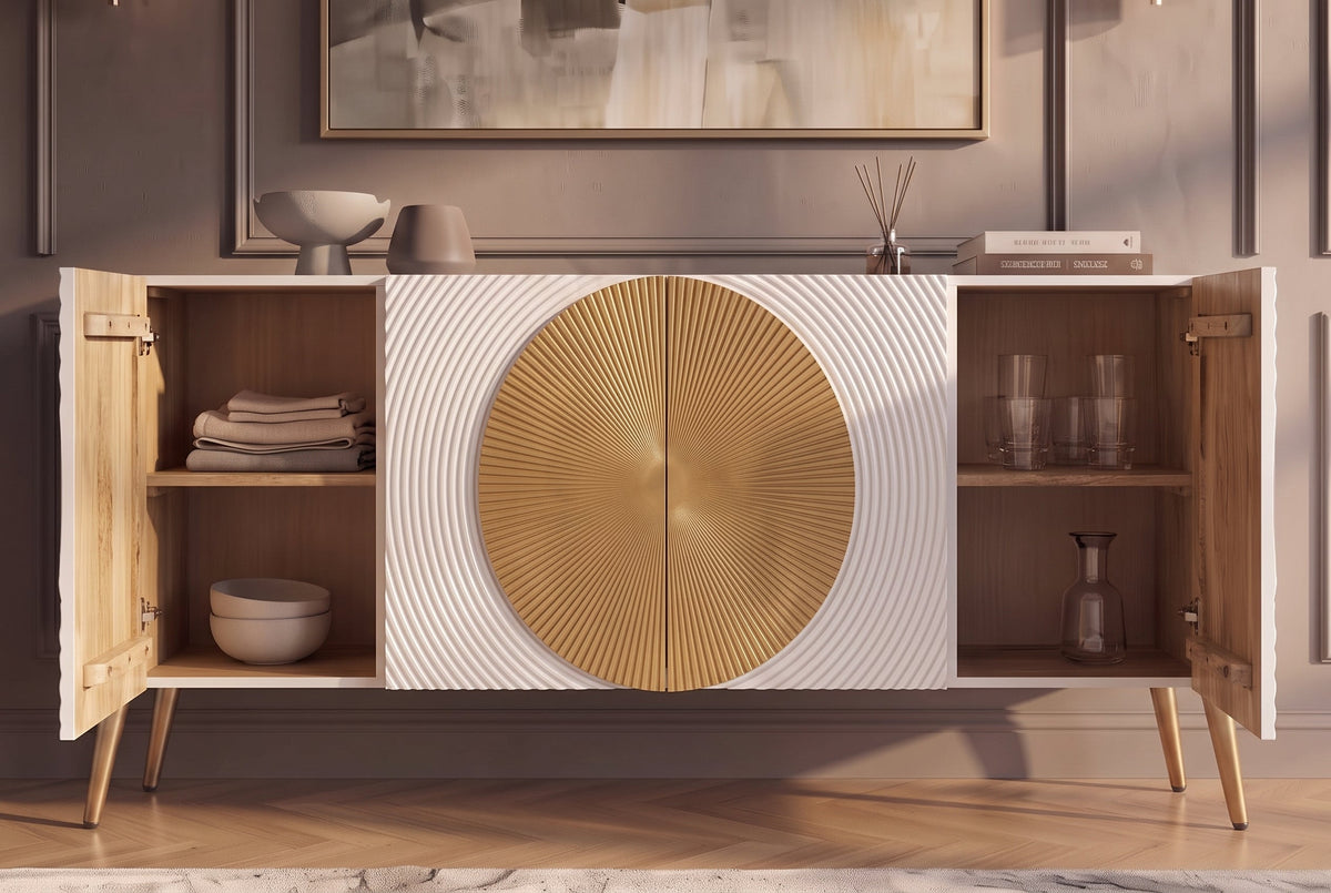 Sideboard massif AURUM 180cm blanc bois de mangue avec élément doré emblématique