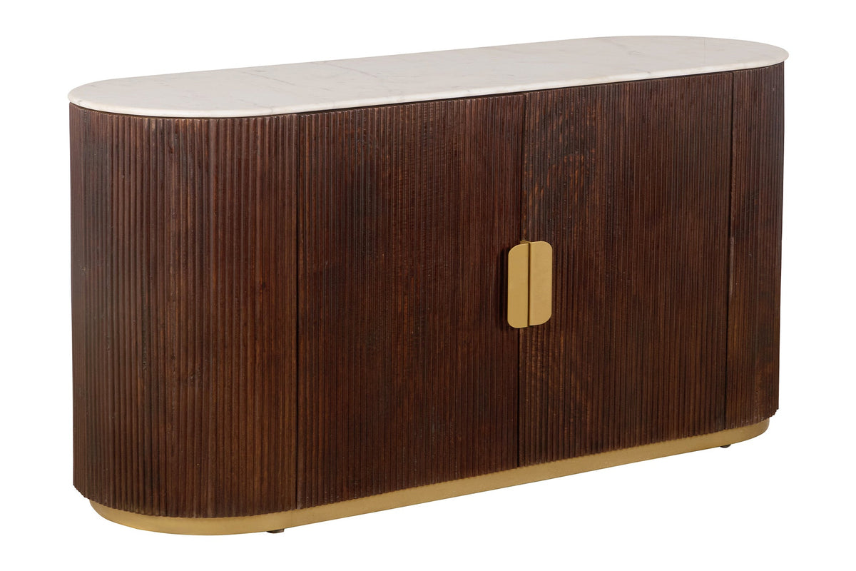 Sideboard massif GATSBY 120cm bois de manguier brun métal or plateau de marbre blanc