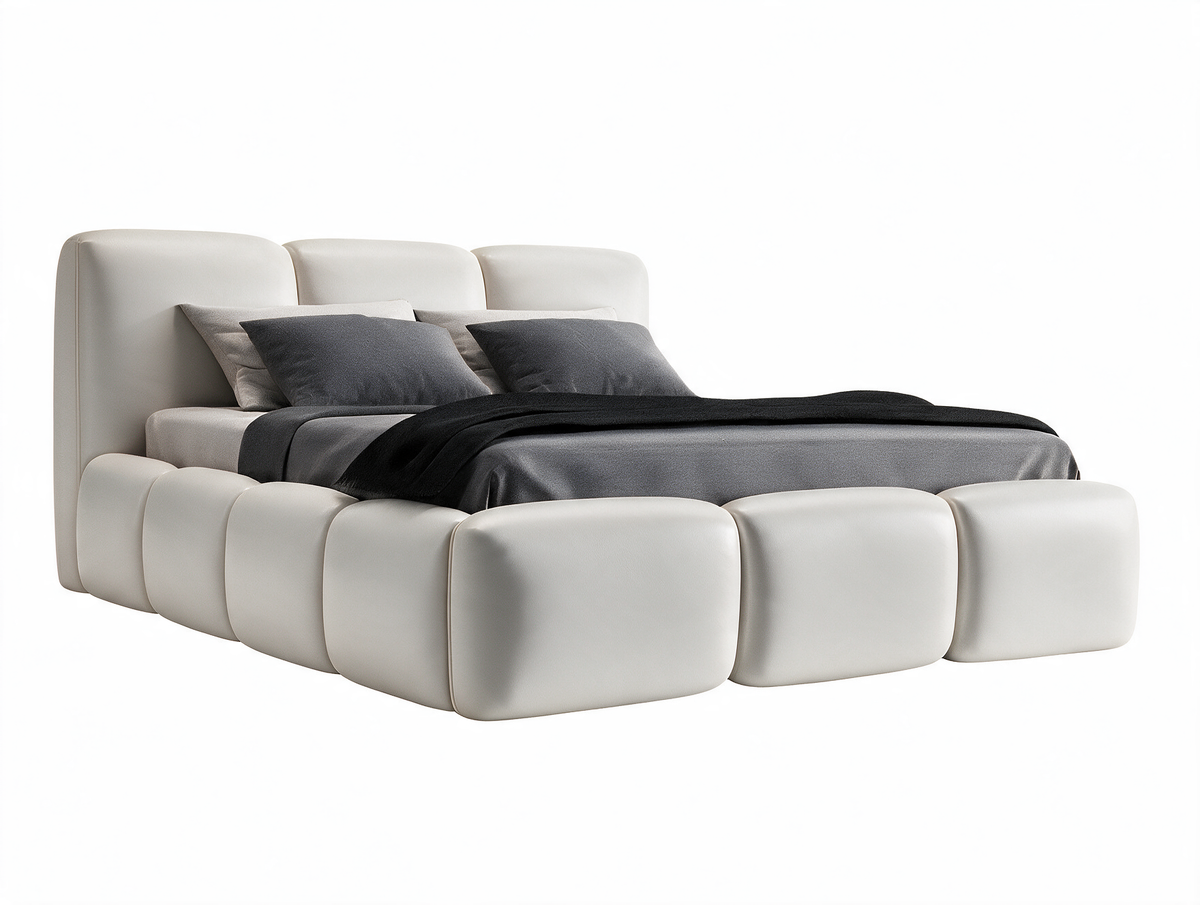 Lit SOPHIE simili cuir blanc, coffre fermé sur fond blanc