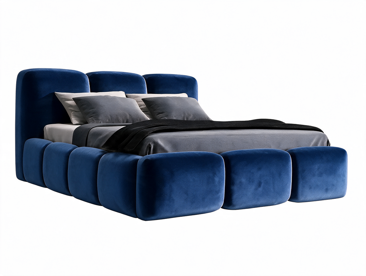 Lit SOPHIE Velours Bleu, coffre fermé sur fond blanc