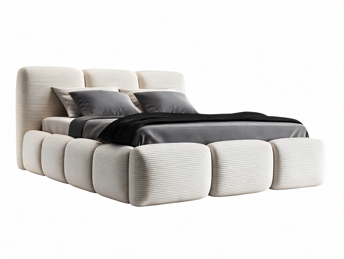 Lit SOPHIE Velours côtelé beige, coffre fermé sur fond blanc