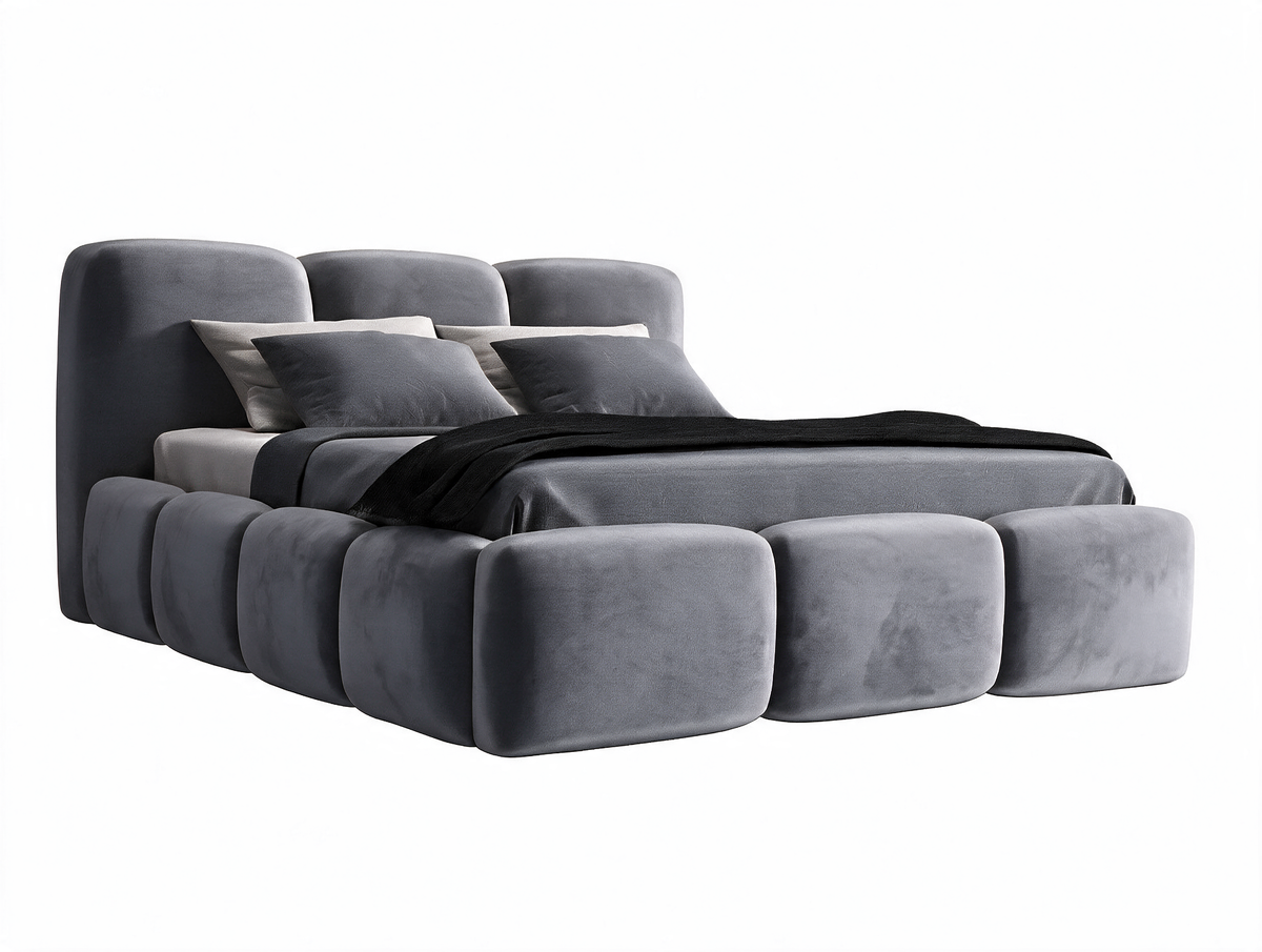Lit SOPHIE Velours Gris, coffre fermé sur fond blanc
