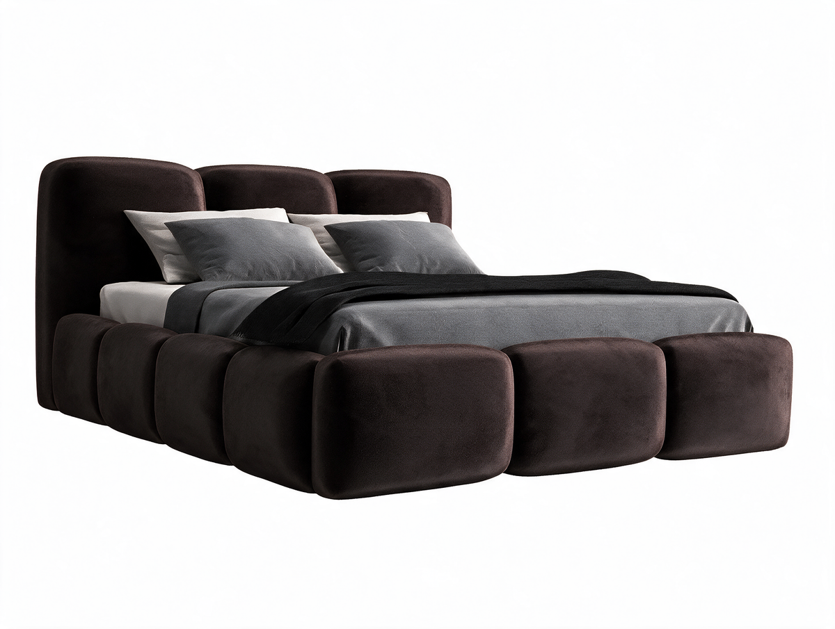 Lit SOPHIE Velours Marron, coffre fermé sur fond blanc