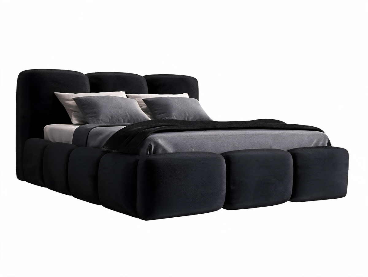 Lit SOPHIE Velours Noir, coffre fermé sur fond blanc