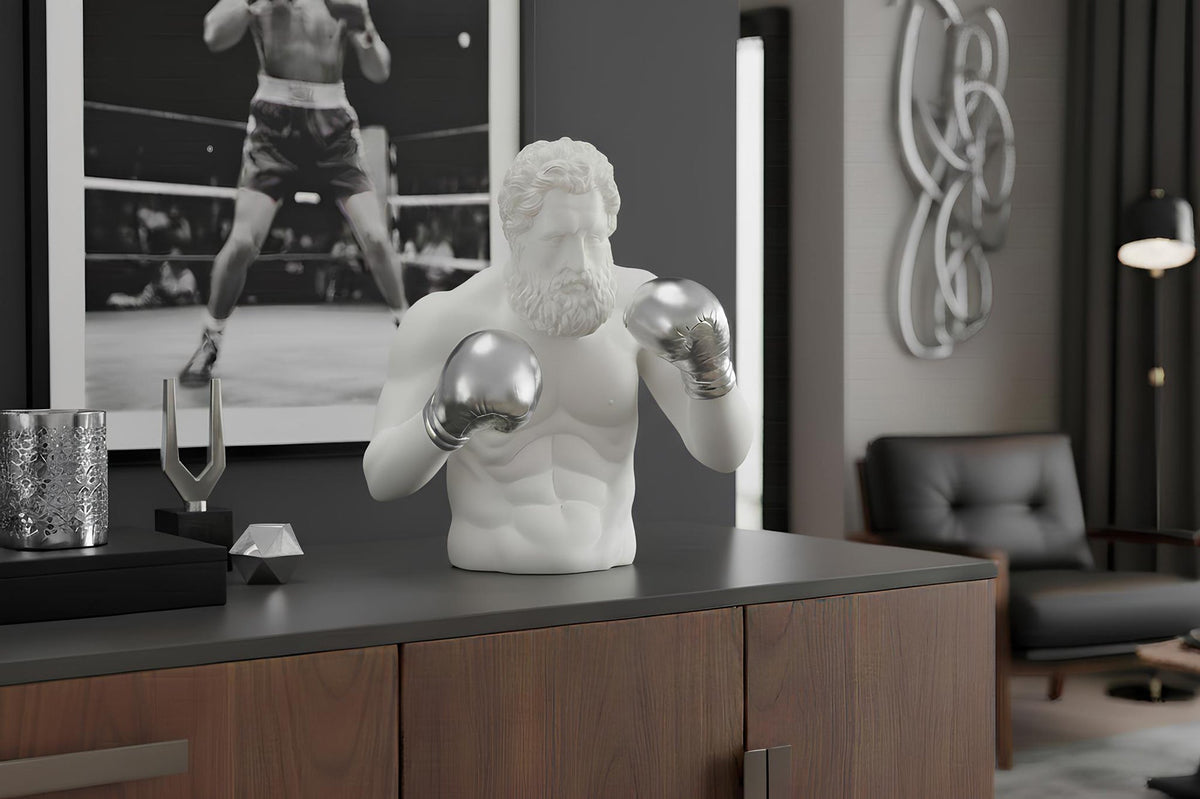 Statue unique BOXER 50cm blanc argent fait main sculpture figurine décorative