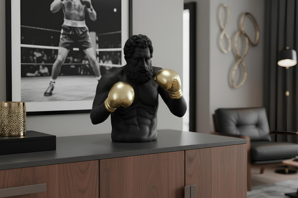 Statue unique BOXER 50cm noir doré fait main sculpture figurine décorative