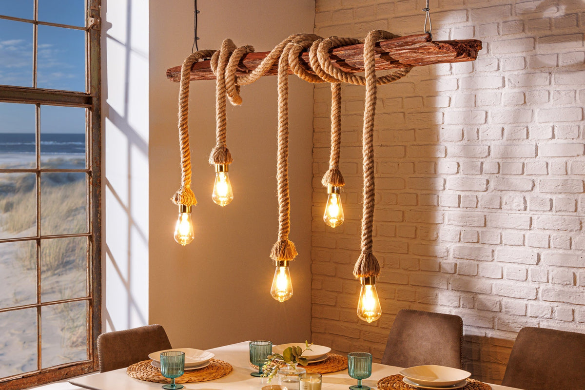 Suspension maritime SEVEN SEAS 110cm plafonnier en corde de bois massif 5 lumières