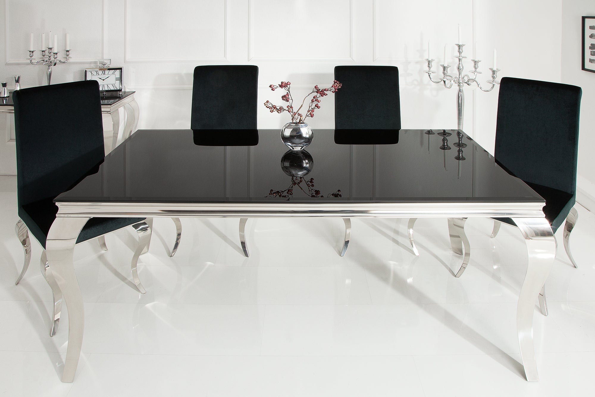 Mesa de comedor elegante y moderna de estilo barroco, 180 cm, acero inoxidable negro y tablero de cristal opalino