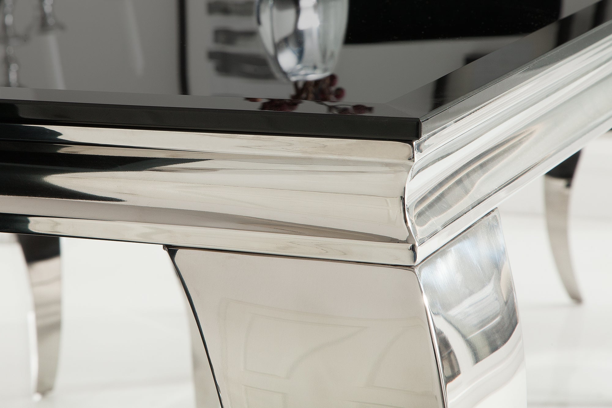 Mesa de comedor elegante y moderna de estilo barroco, 180 cm, acero inoxidable negro y tablero de cristal opalino