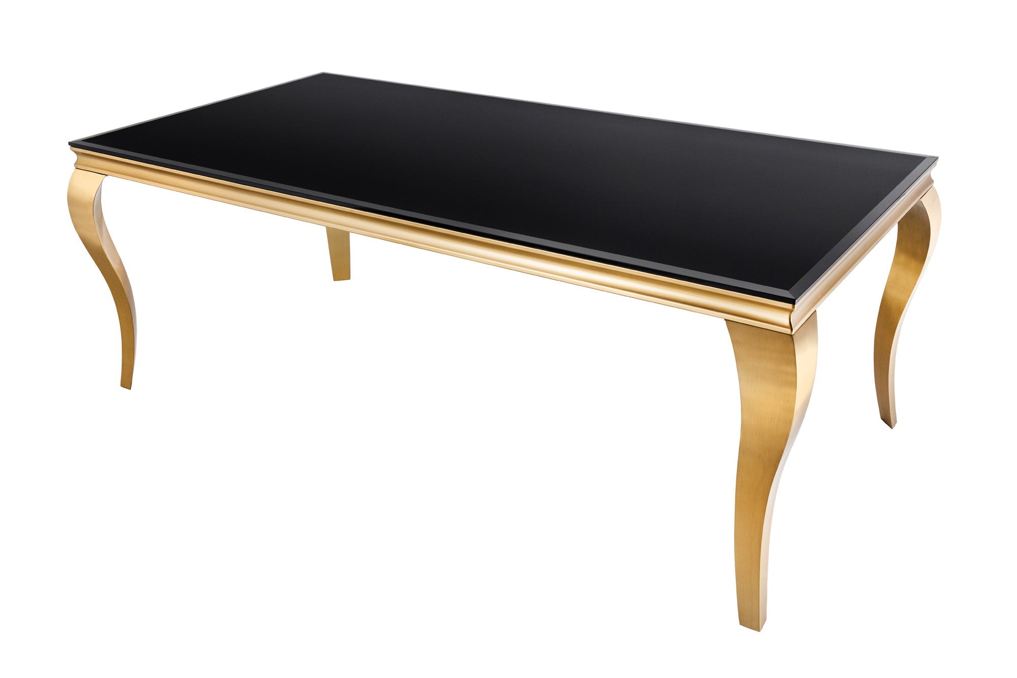 Mesa de comedor elegante y moderna de estilo barroco, 180 cm, tablero de cristal opalino, acero inoxidable negro y dorado