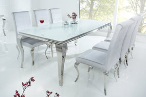 Table à manger au design élégant et moderne de style baroque, 200 cm, plateau en acier inoxydable blanc et verre opale