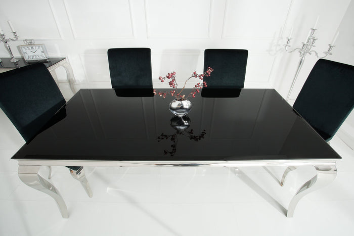 Table à manger au design élégant et moderne de style baroque, 200 cm, plateau en acier inoxydable noir et verre opale
