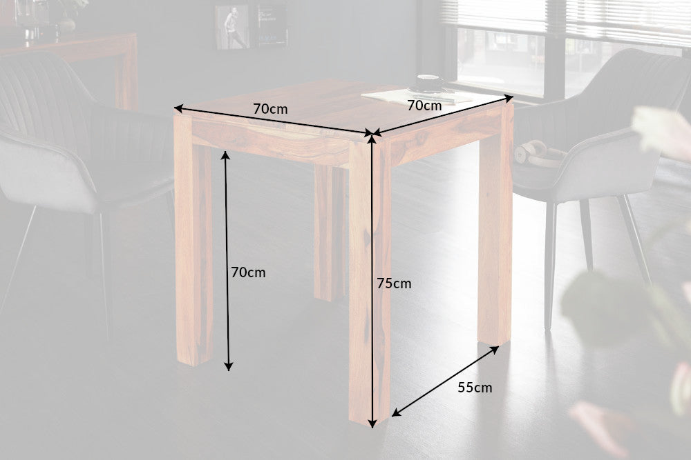 Mesa de comedor cuadrada de madera maciza PURE 70 cm, acabado piedra Sheesham marrón