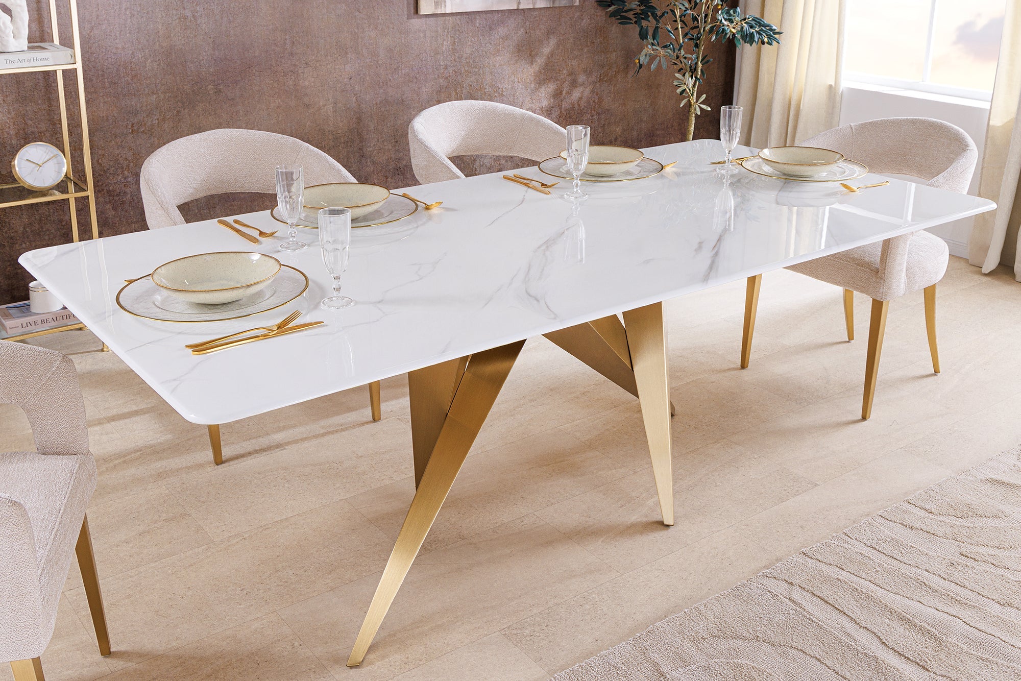 ART LIVING Mesa de comedor de diseño de 200 cm de mármol blanco, cerámica y metal cepillado color oro champán