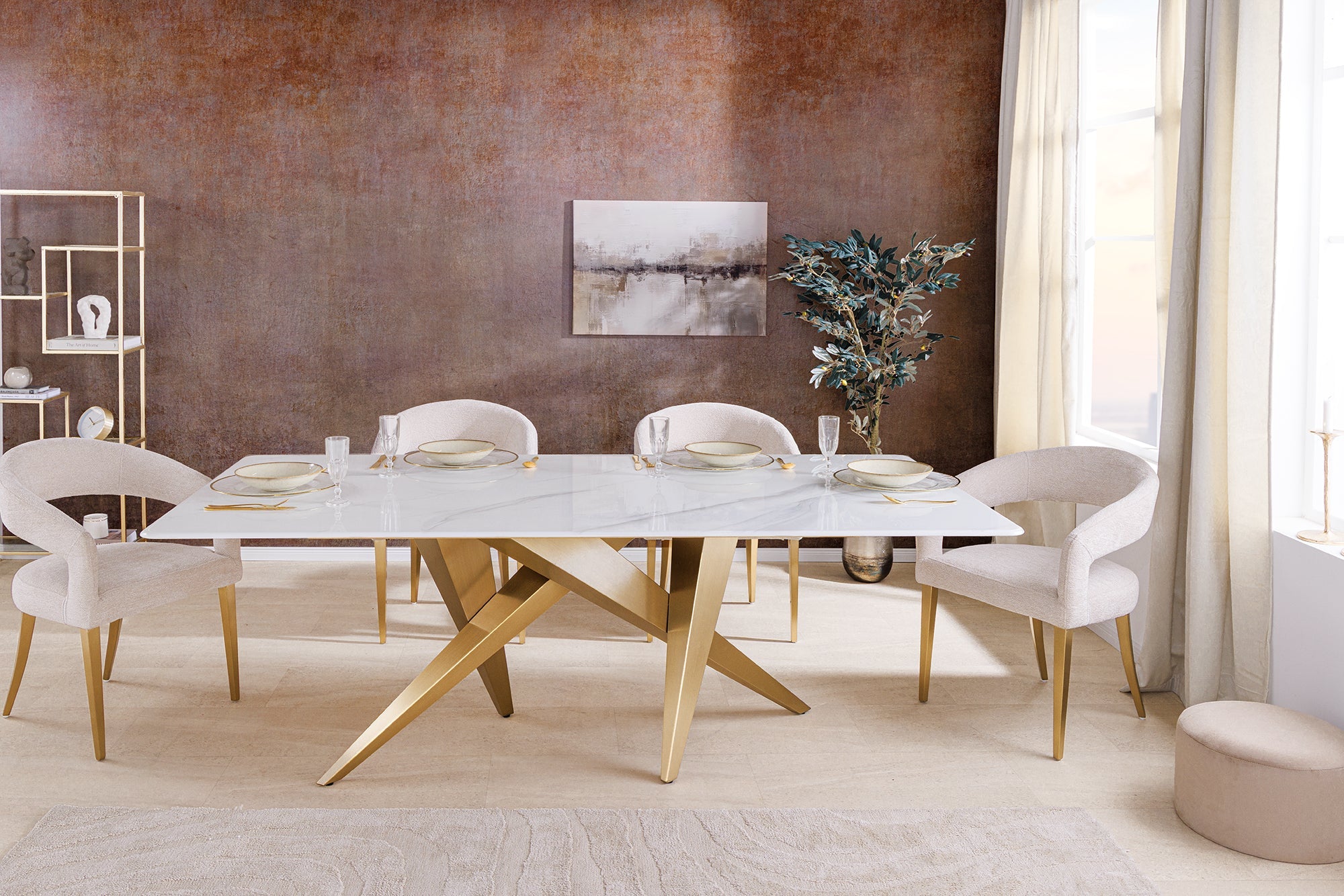 ART LIVING Mesa de comedor de diseño de 200 cm de mármol blanco, cerámica y metal cepillado color oro champán