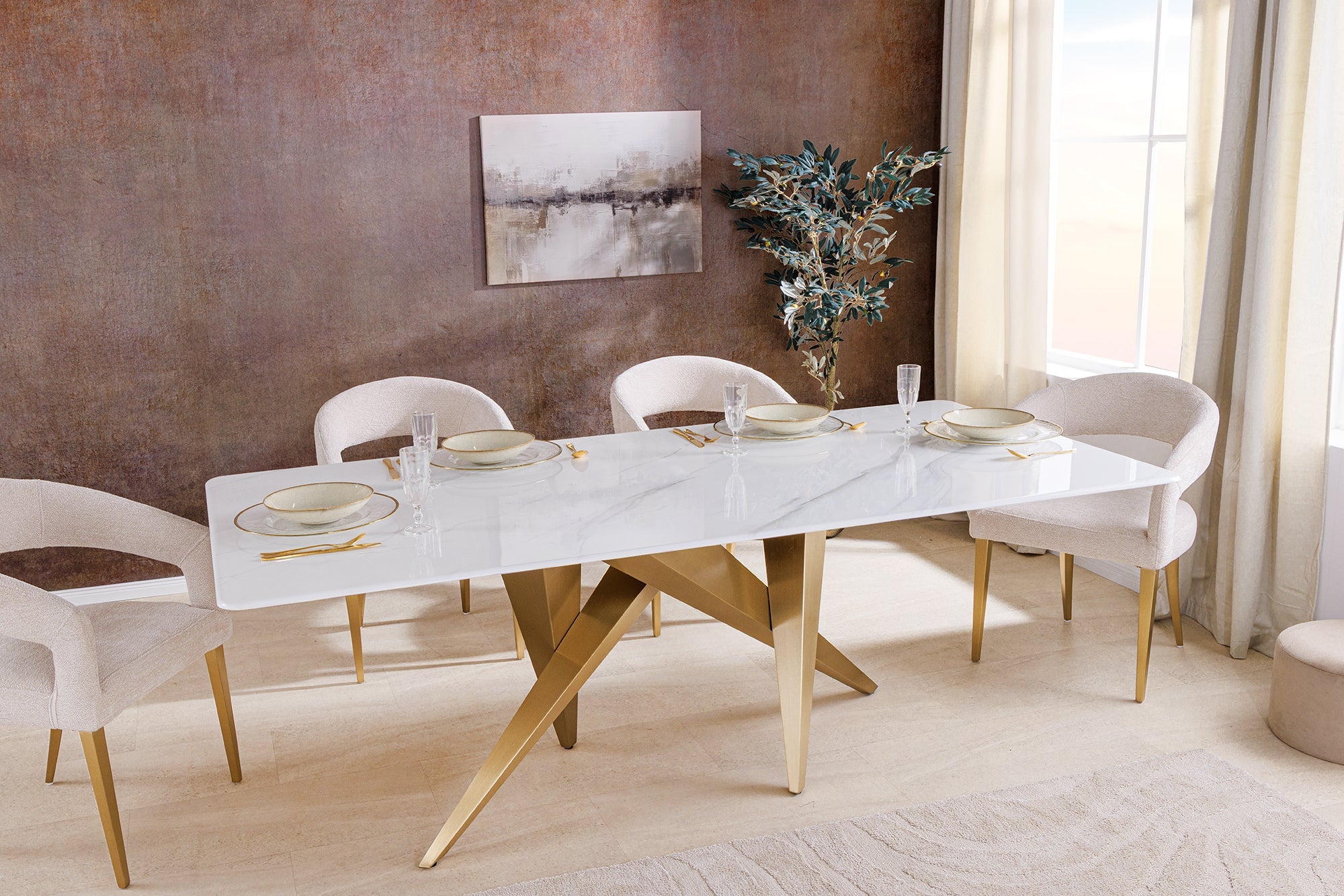ART LIVING Mesa de comedor de diseño de 200 cm de mármol blanco, cerámica y metal cepillado color oro champán
