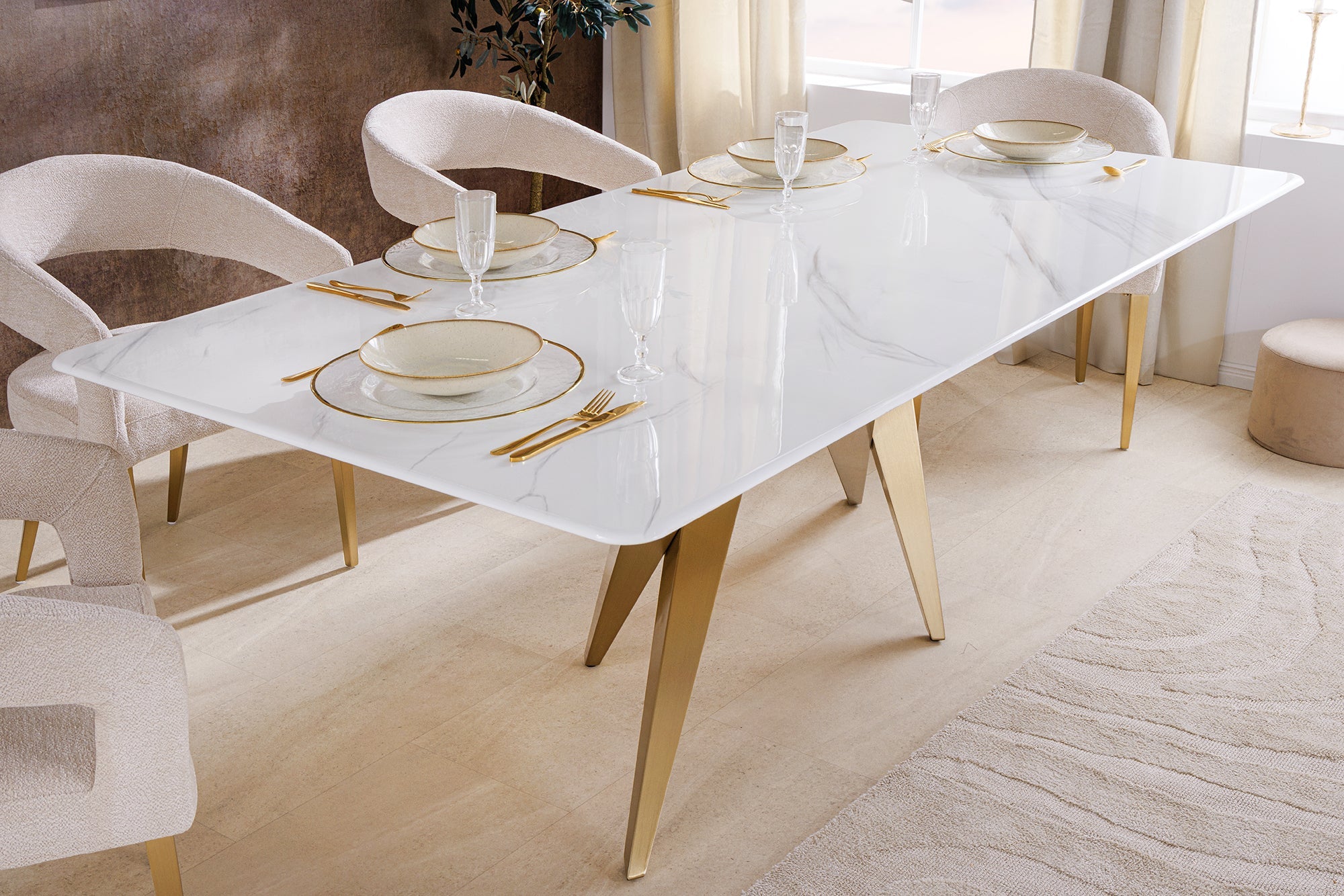 ART LIVING Mesa de comedor de diseño de 200 cm de mármol blanco, cerámica y metal cepillado color oro champán
