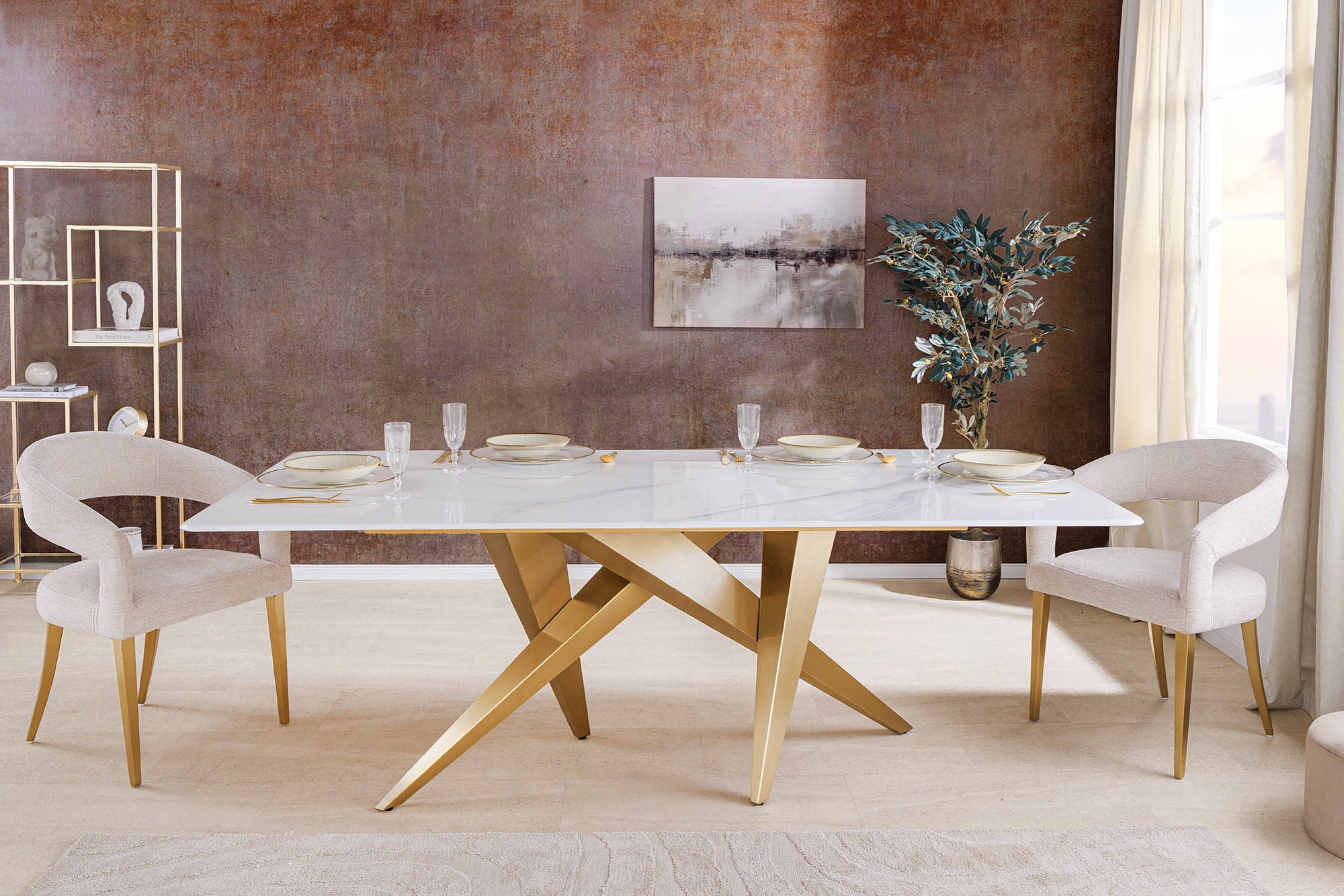 ART LIVING Mesa de comedor de diseño de 200 cm de mármol blanco, cerámica y metal cepillado color oro champán