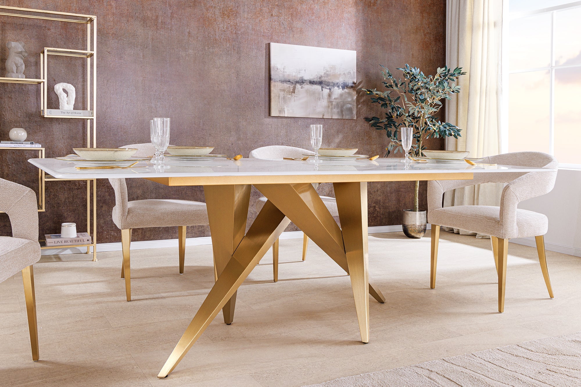 ART LIVING Mesa de comedor de diseño de 200 cm de mármol blanco, cerámica y metal cepillado color oro champán