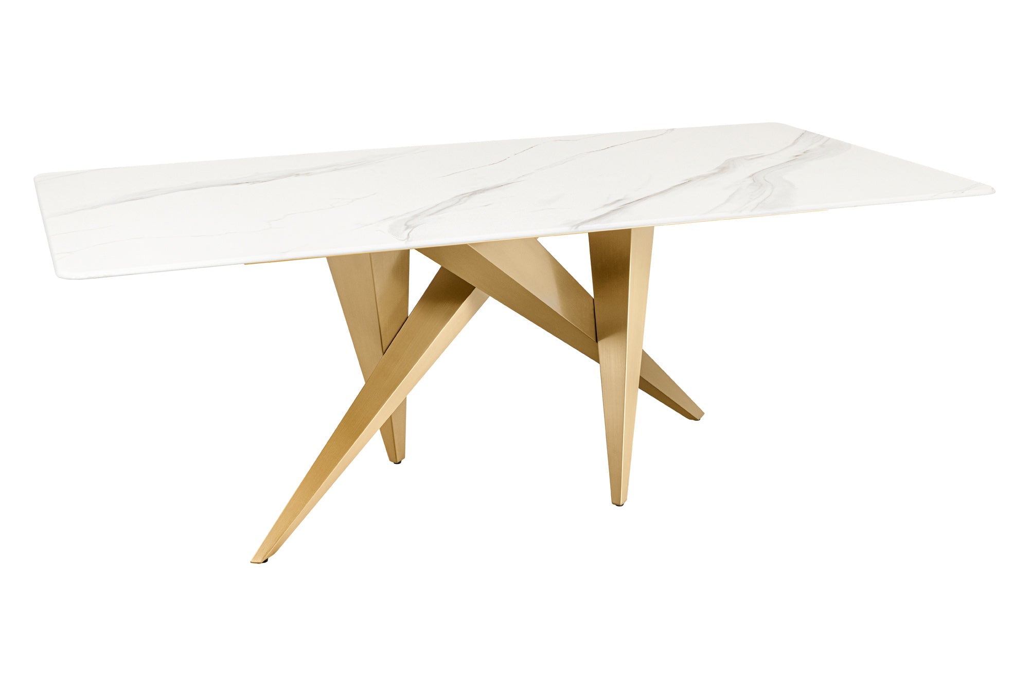 ART LIVING Mesa de comedor de diseño de 200 cm de mármol blanco, cerámica y metal cepillado color oro champán