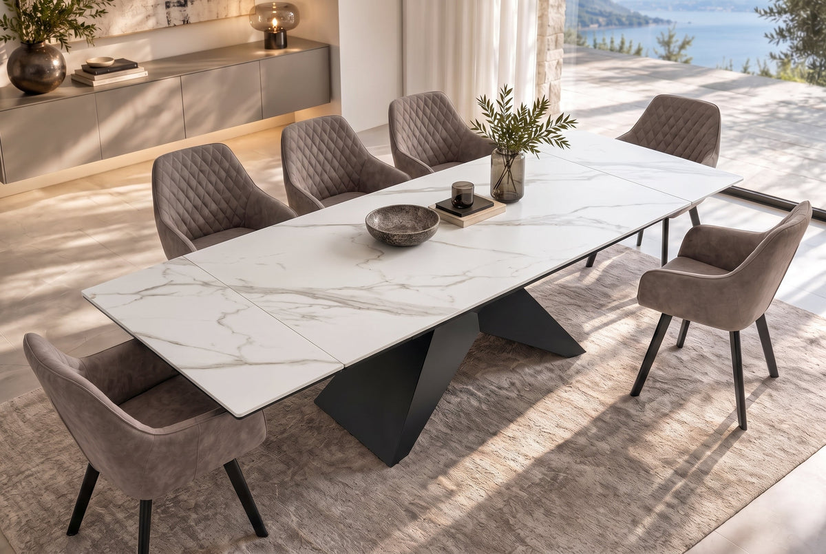 Table à manger design DIAMOND 180-260cm structure métal céramique blanc mat noir