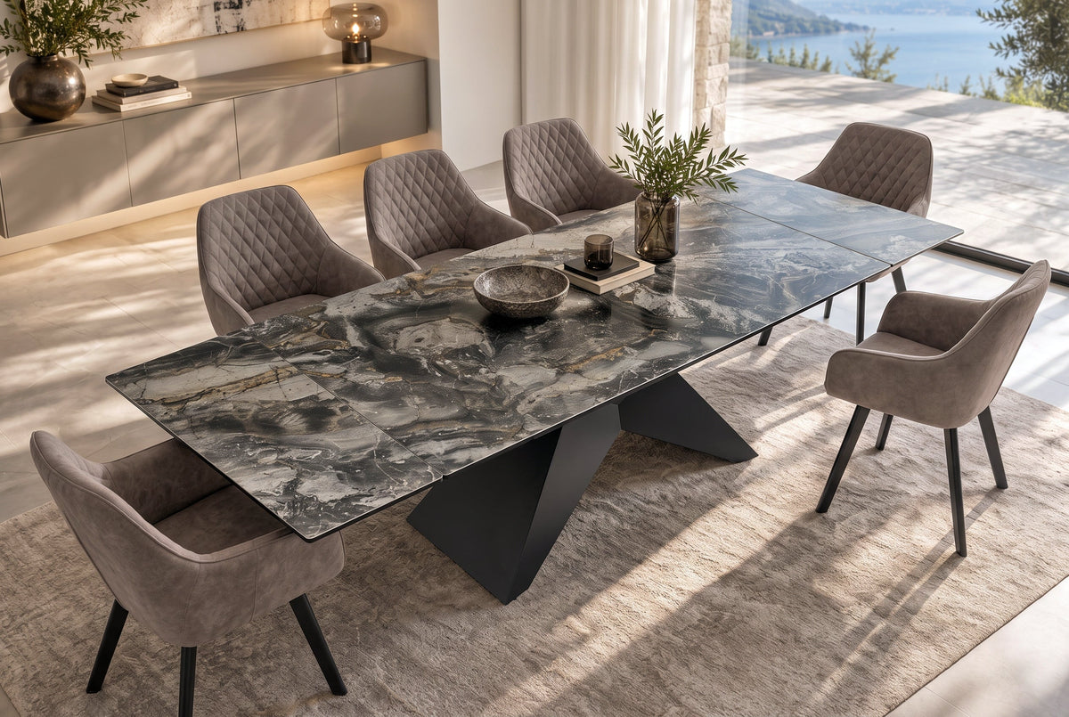 Table à manger design DIAMOND 180-260cm taupe céramique structure métal noir