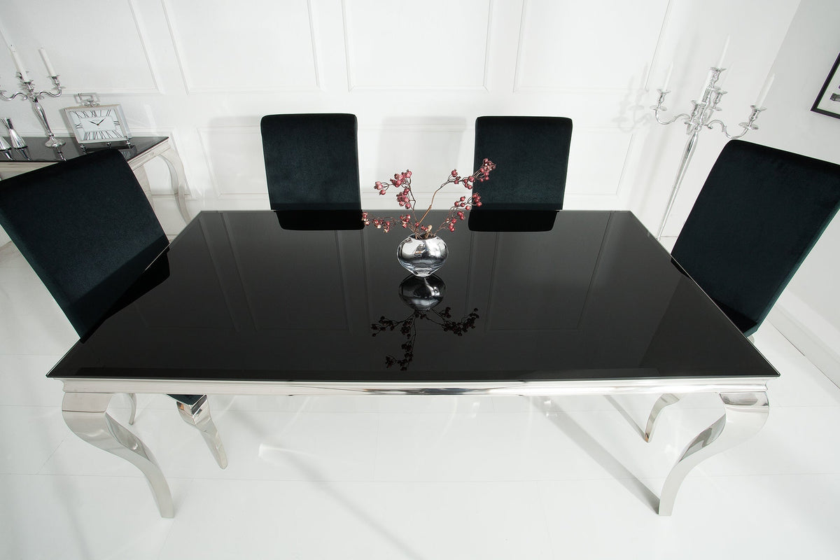 Table à manger design élégant MODERNE BAROQUE 180cm plateau en verre opale en acier inoxydable noir