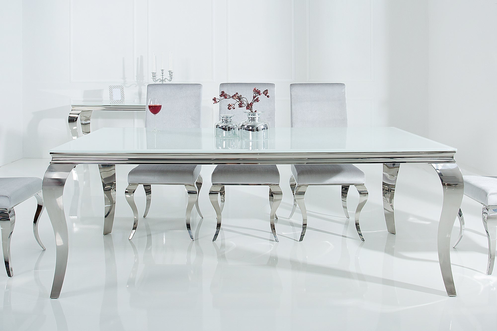 Table à manger design élégant MODERNE BAROQUE 200cm plateau en verre opale en acier inoxydable blanc