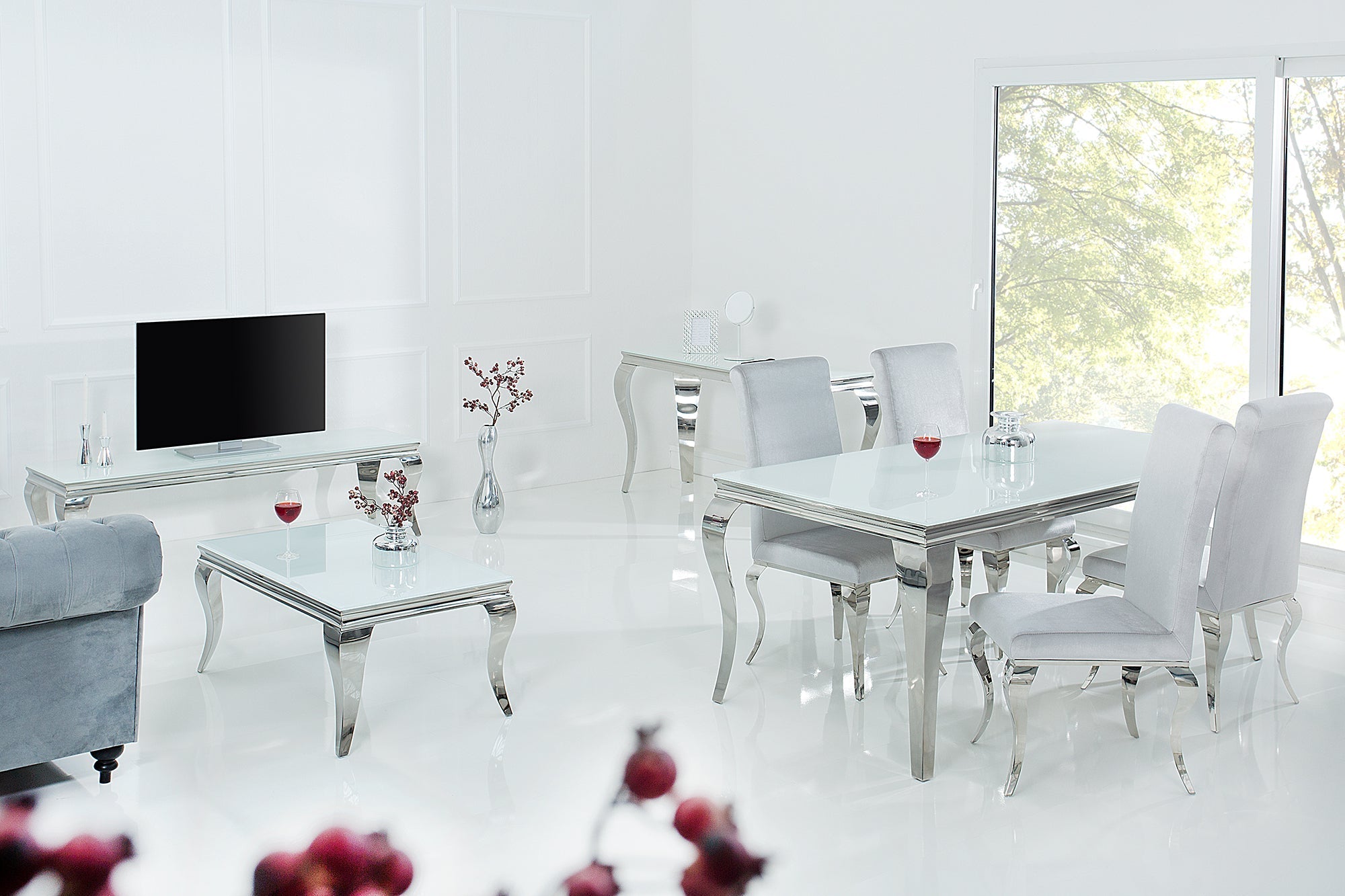 Table à manger design élégant MODERNE BAROQUE 200cm plateau en verre opale en acier inoxydable blanc