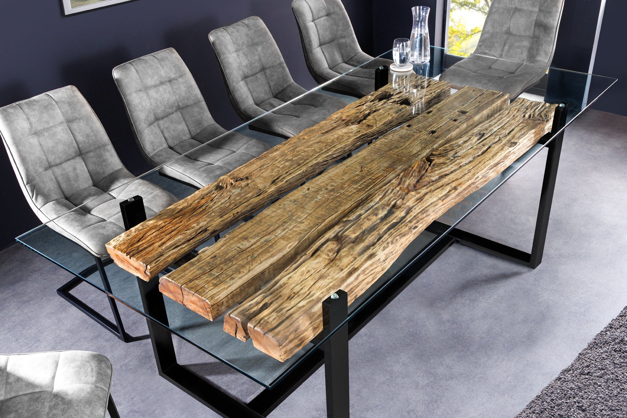 Mesa de comedor de cristal BARRACUDA 220 cm teca natural madera maciza negro base voladiza