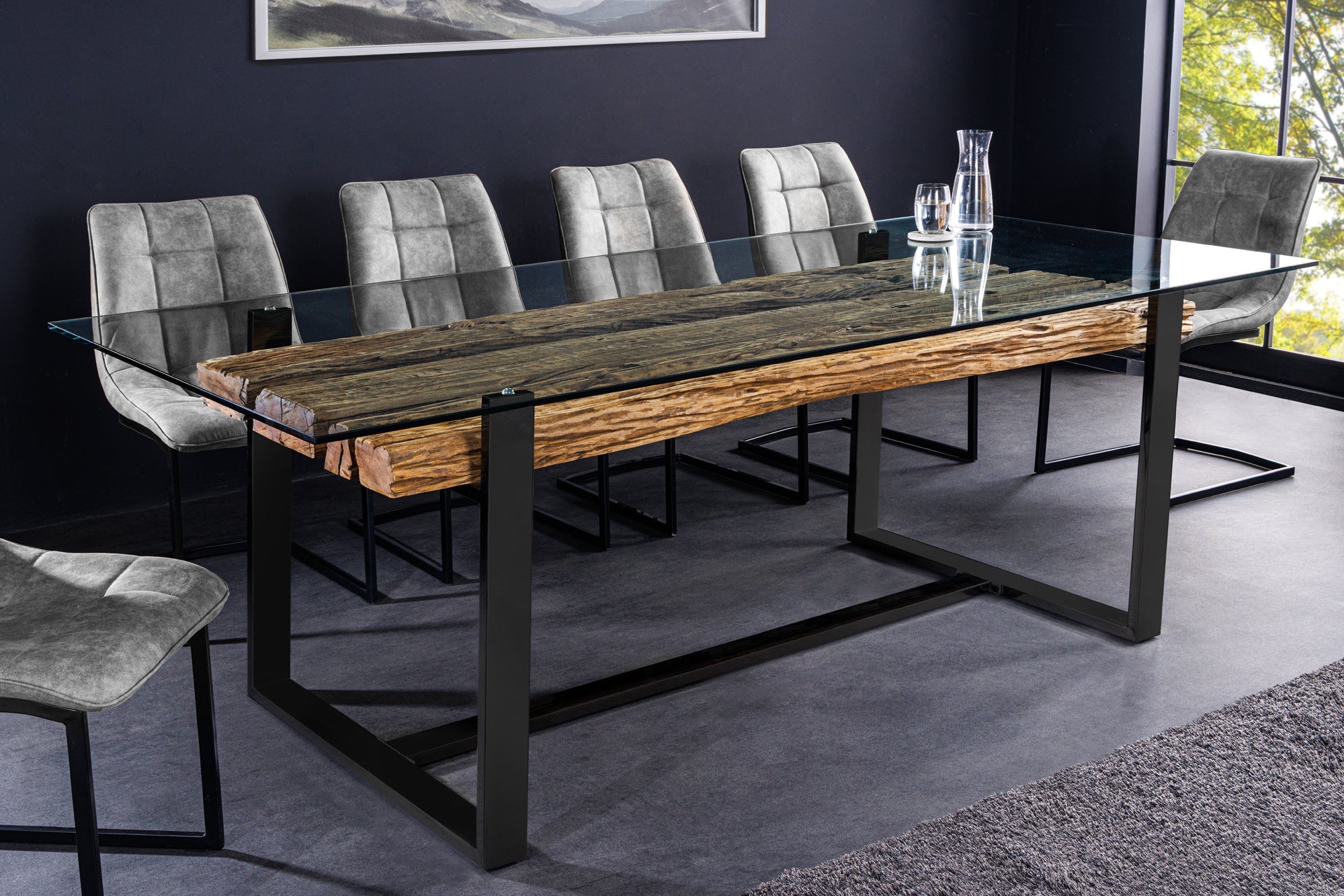 Mesa de comedor de cristal BARRACUDA 220 cm teca natural madera maciza negro base voladiza