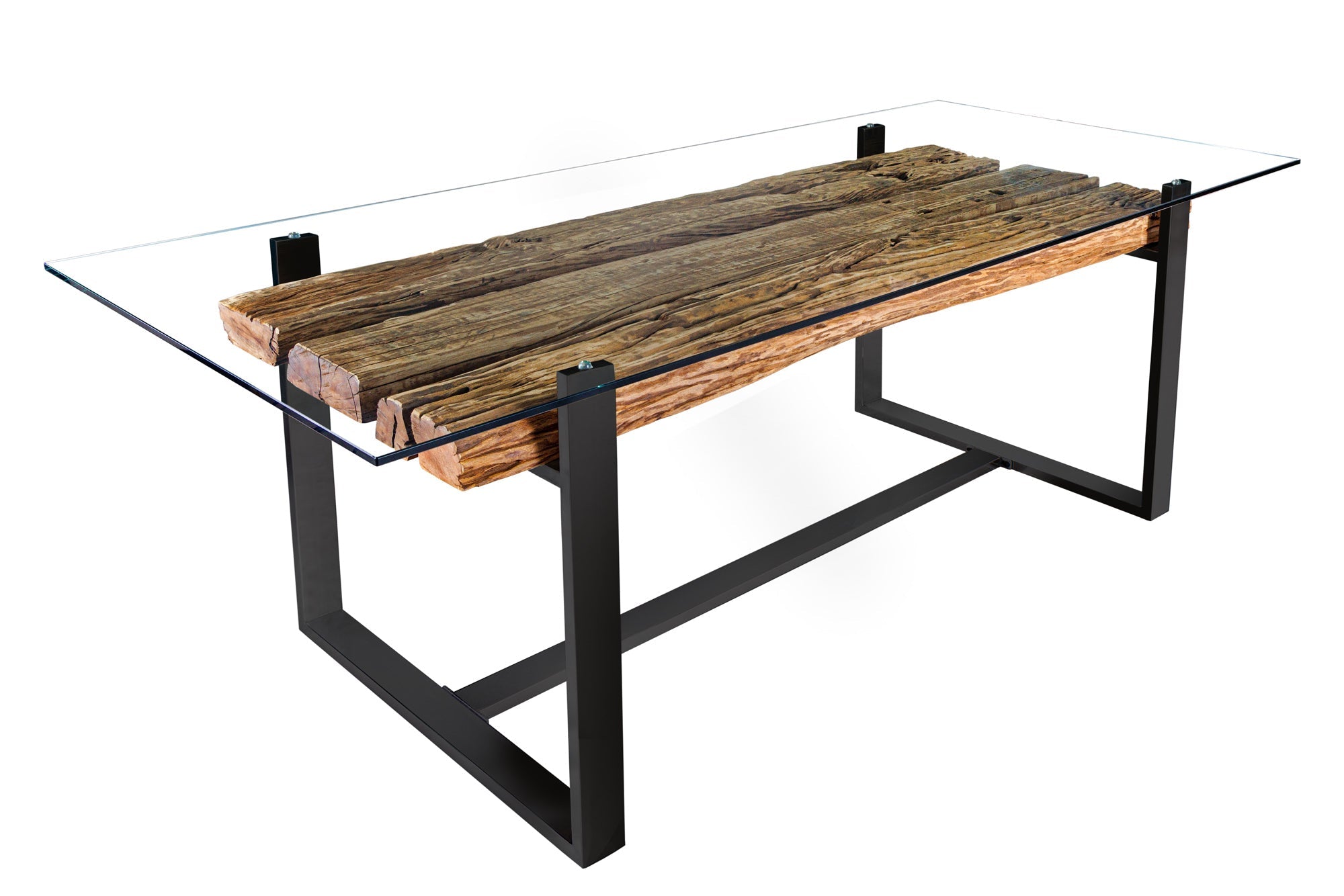Mesa de comedor de cristal BARRACUDA 220 cm teca natural madera maciza negro base voladiza