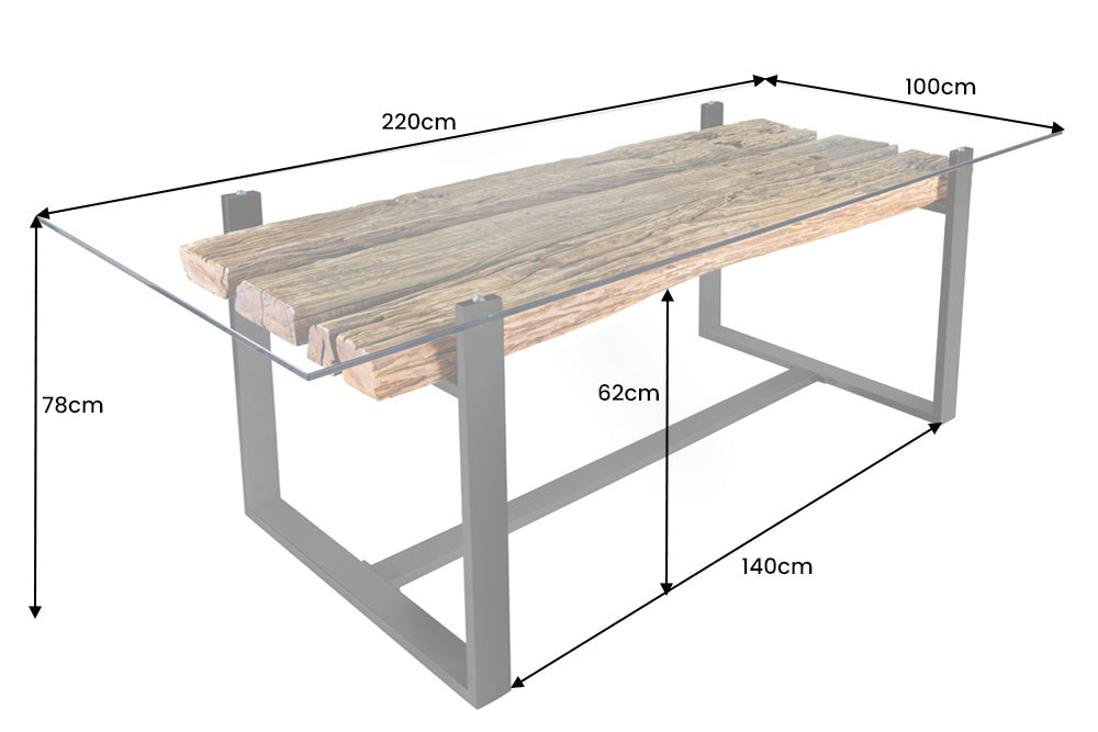 Mesa de comedor de cristal BARRACUDA 220 cm teca natural madera maciza negro base voladiza