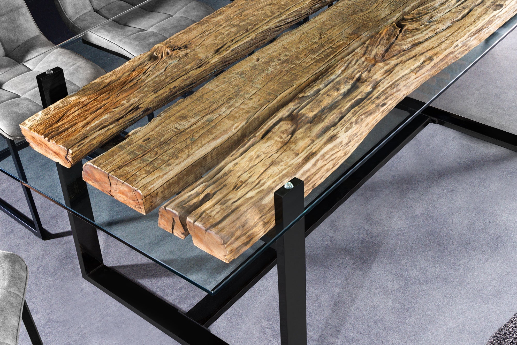 Mesa de comedor de cristal BARRACUDA 220 cm teca natural madera maciza negro base voladiza