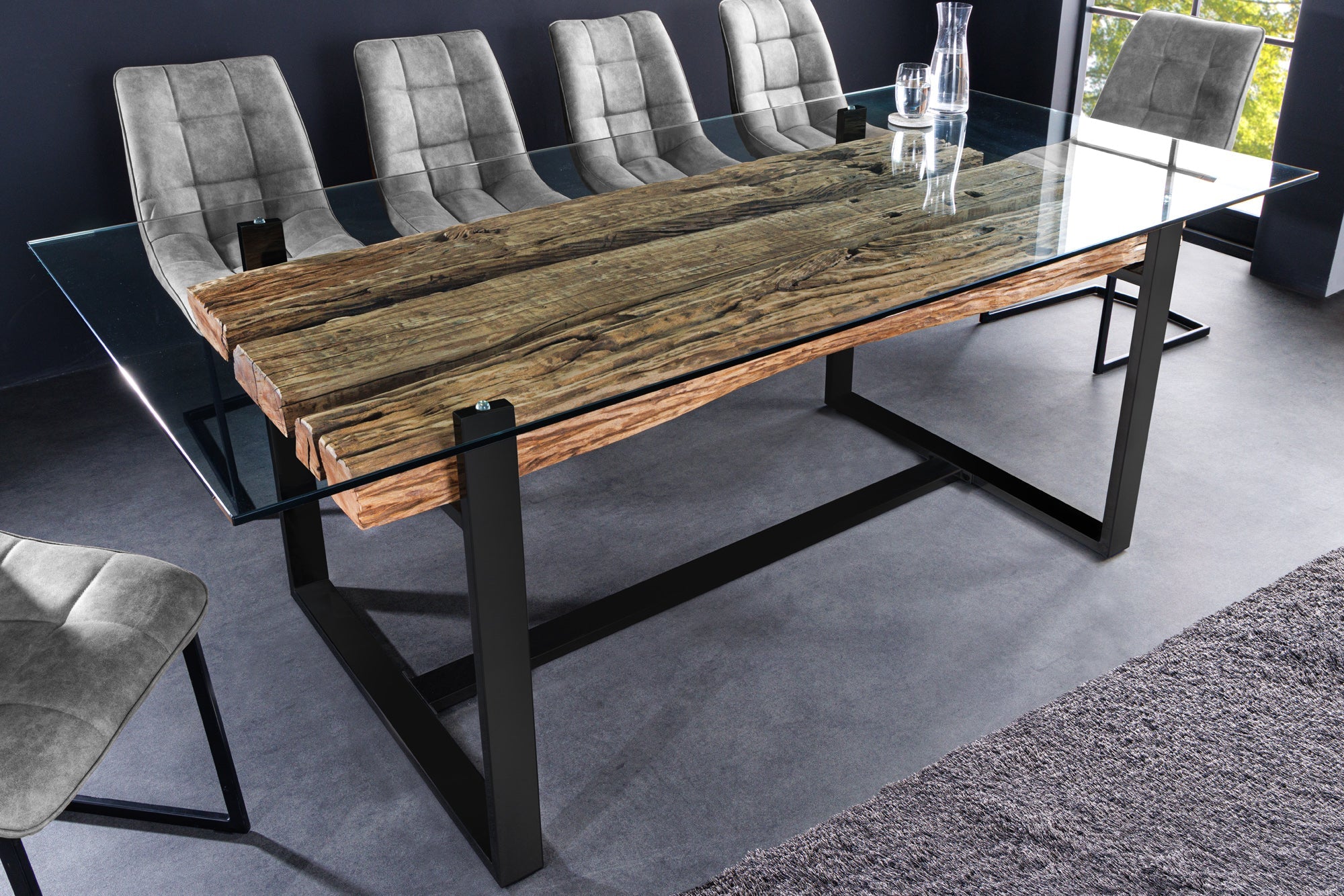 Mesa de comedor de cristal BARRACUDA 220 cm teca natural madera maciza negro base voladiza