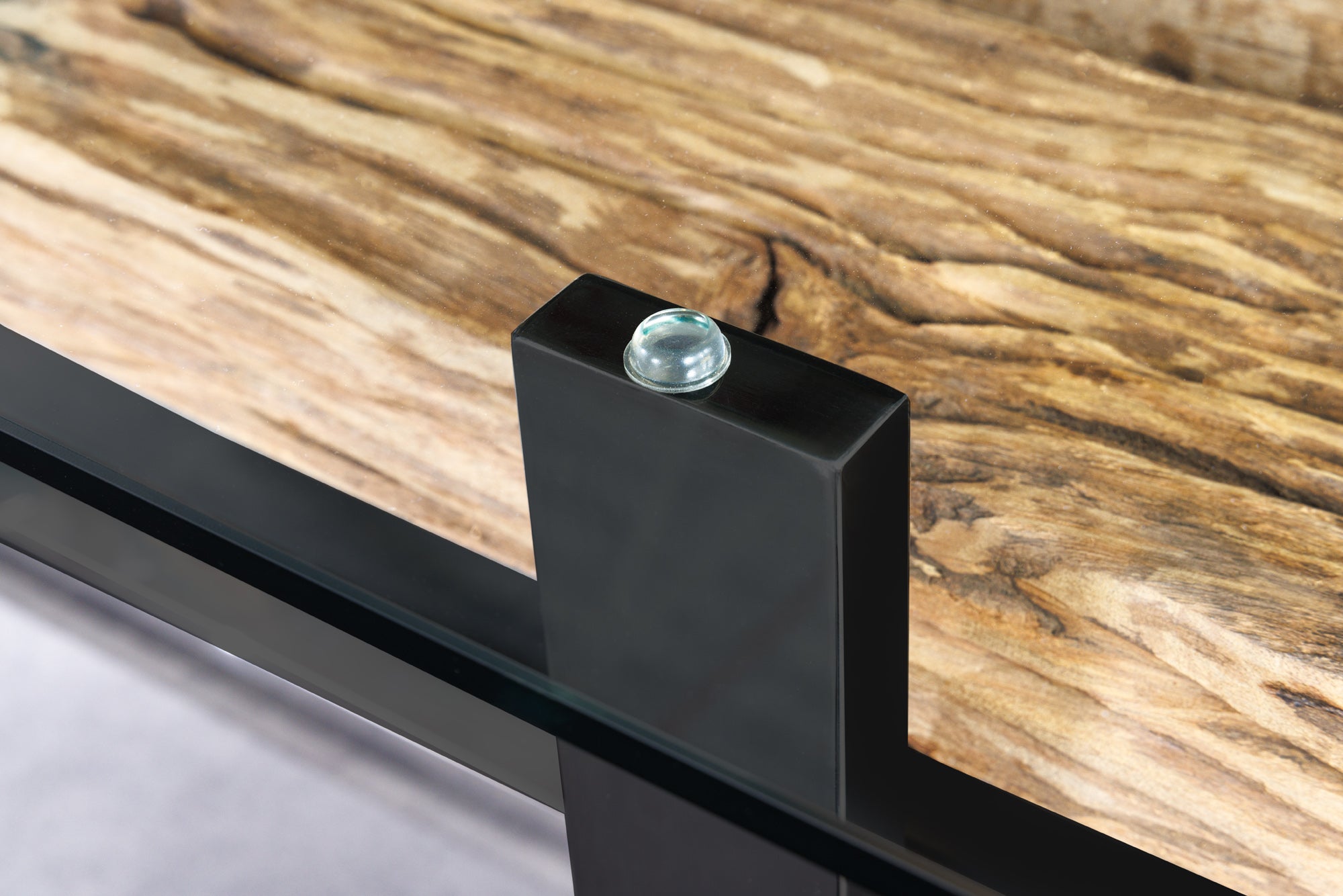 Mesa de comedor de cristal BARRACUDA 220 cm teca natural madera maciza negro base voladiza