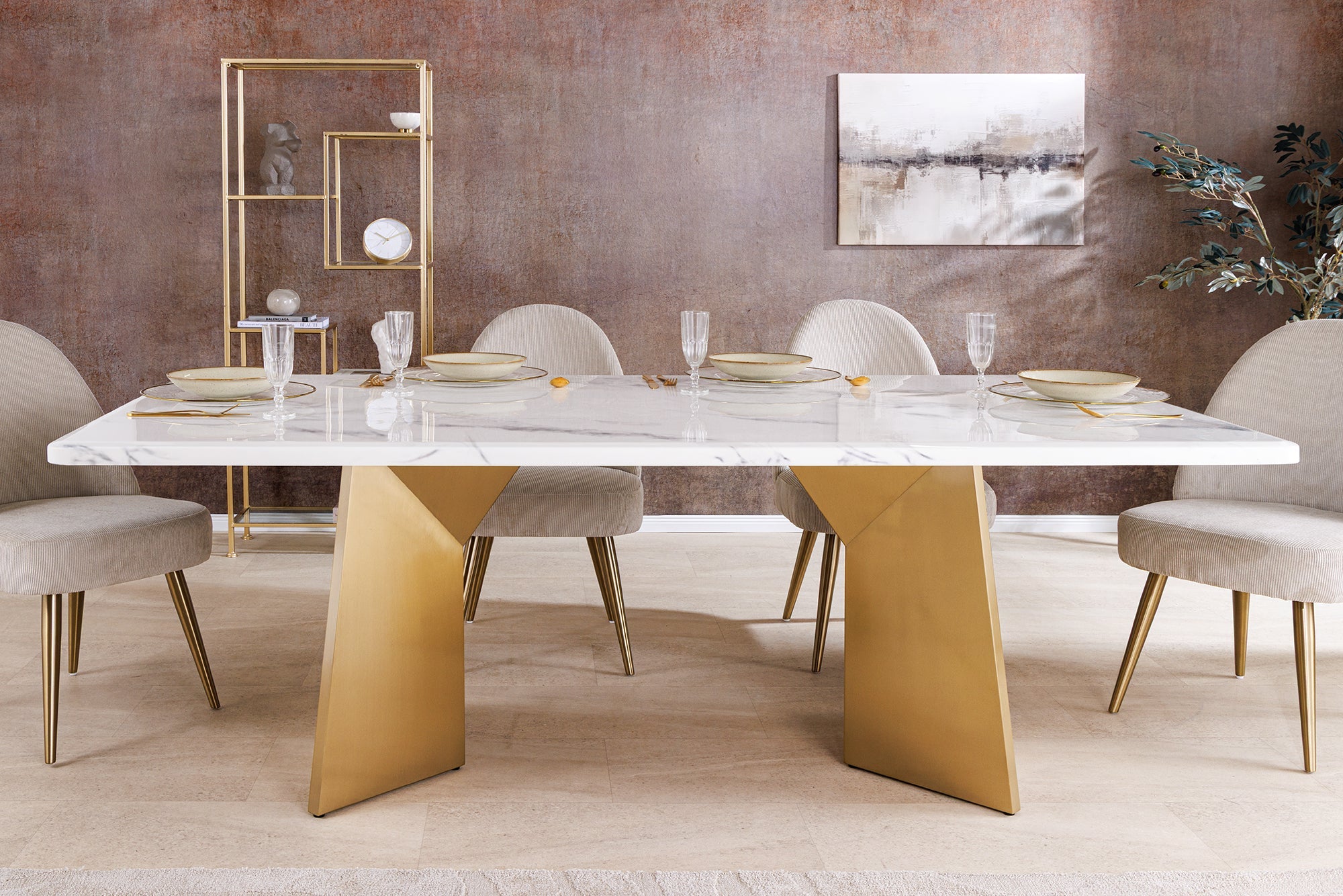 Table à manger design EXTRAVAGANCIA 200cm marbre blanc métal brossé champagne or