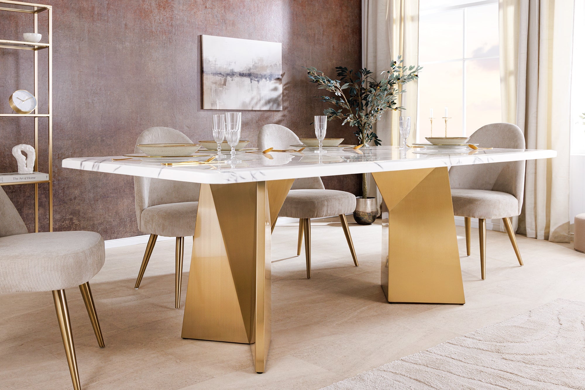 EXTRAVAGANCIA 200cm mesa de comedor de diseño de mármol blanco cepillado de metal de oro champán