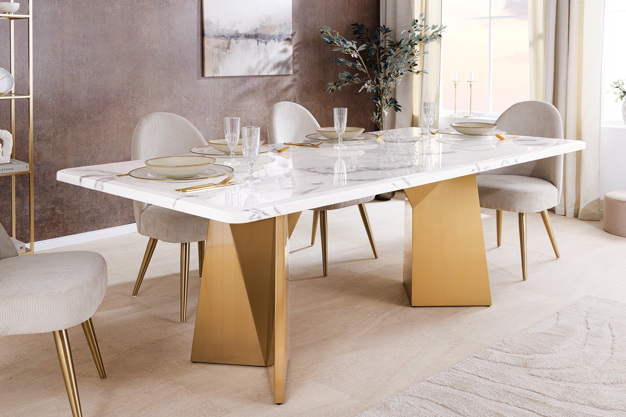 EXTRAVAGANCIA 200cm mesa de comedor de diseño de mármol blanco cepillado de metal de oro champán