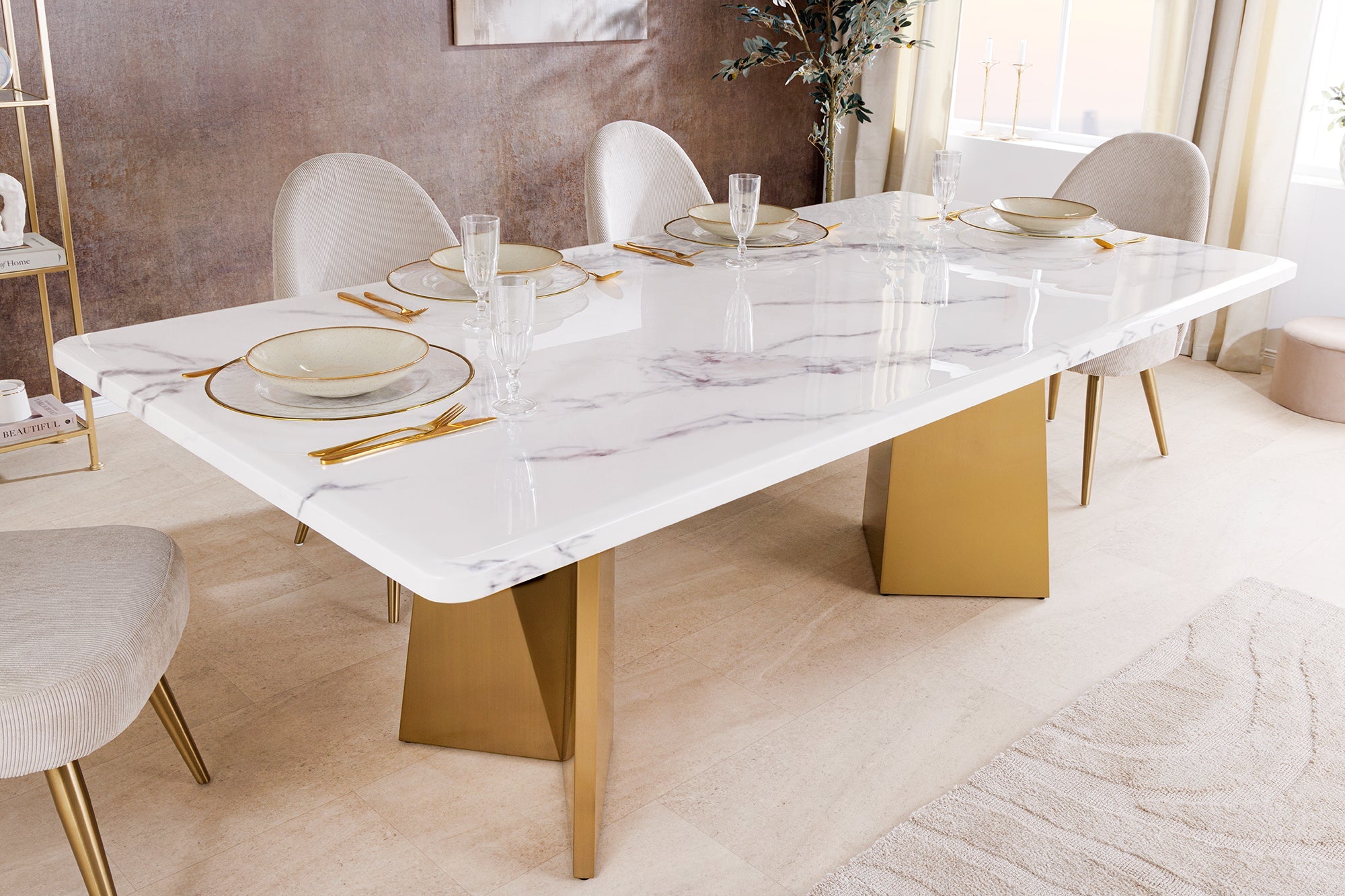 EXTRAVAGANCIA 200cm mesa de comedor de diseño de mármol blanco cepillado de metal de oro champán