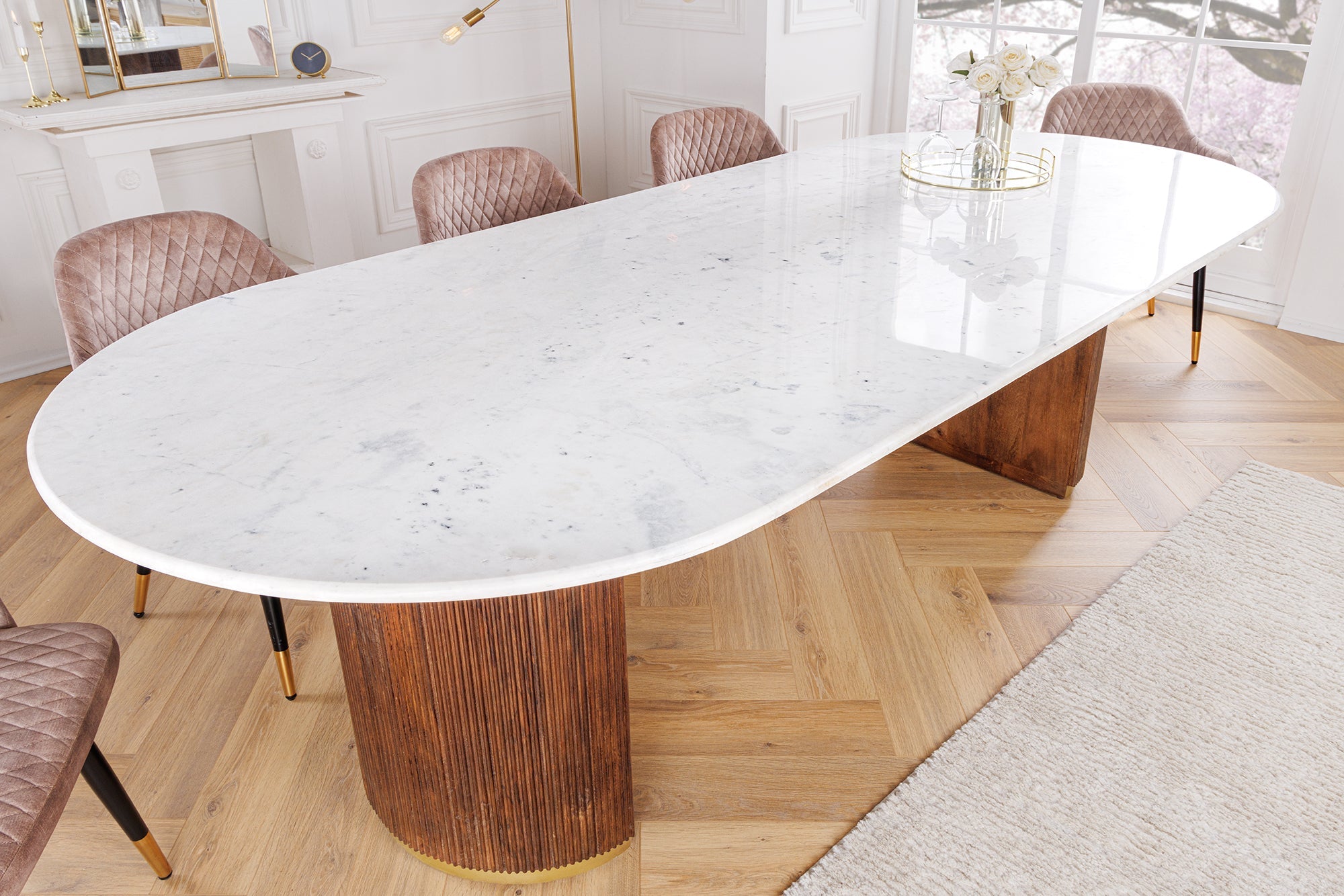 GATSBY mesa de comedor de diseño 240cm madera de mango marrón dorado ovalada tapa de mármol blanco