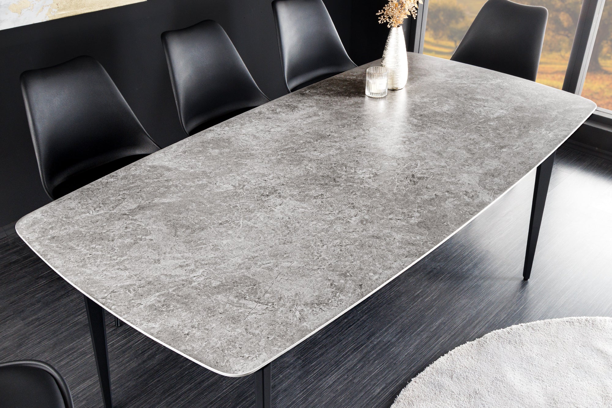Mesa de comedor de diseño MILANO 180cm cerámica mármol gris patas de metal negro
