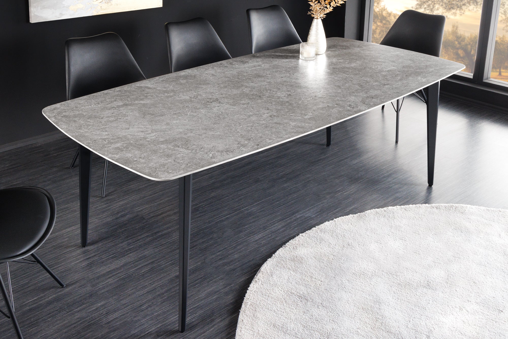 Mesa de comedor de diseño MILANO 180cm cerámica mármol gris patas de metal negro
