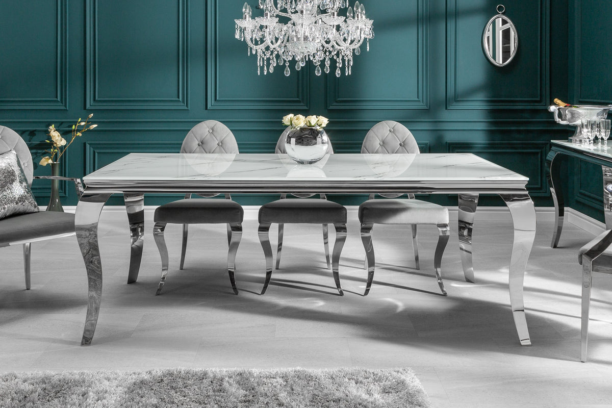 Table à manger design MODERNE BAROQUE 180cm plateau verre chromé blanc marbre pieds inox