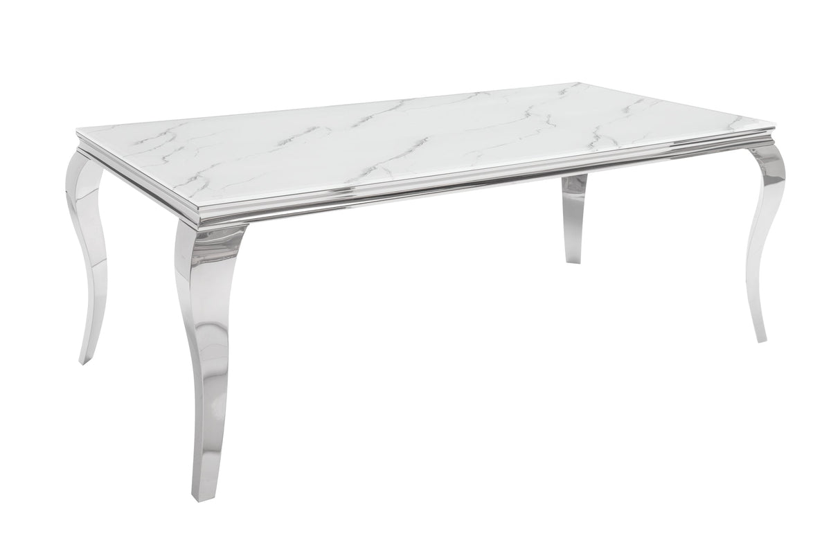 Table à manger design MODERNE BAROQUE 180cm plateau verre chromé blanc marbre pieds inox