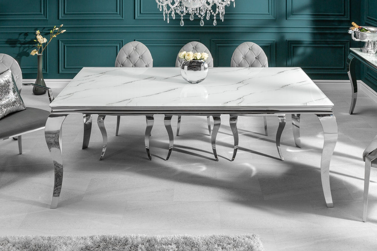 Table à manger design MODERNE BAROQUE 180cm plateau verre chromé blanc marbre pieds inox